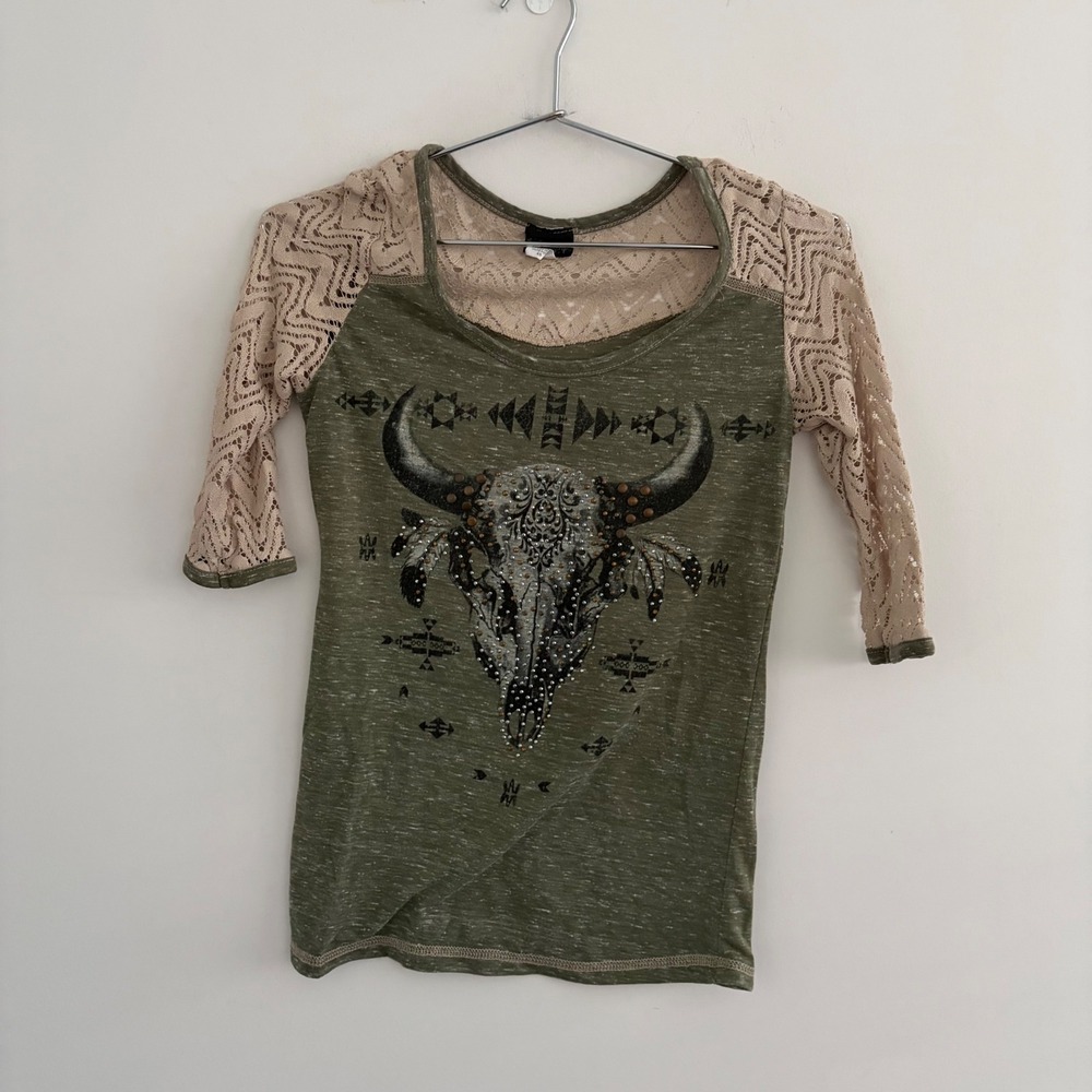 Daytrip Womens Olive Green Steer Skull Graphic Top Lace Sleeve XS